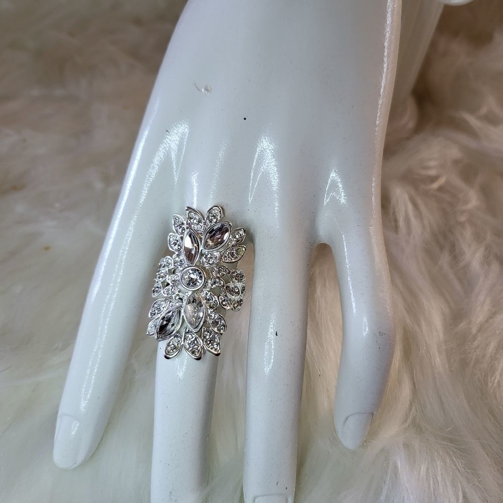 Silver Crystal Cocktail Ring Adjustable Size 7